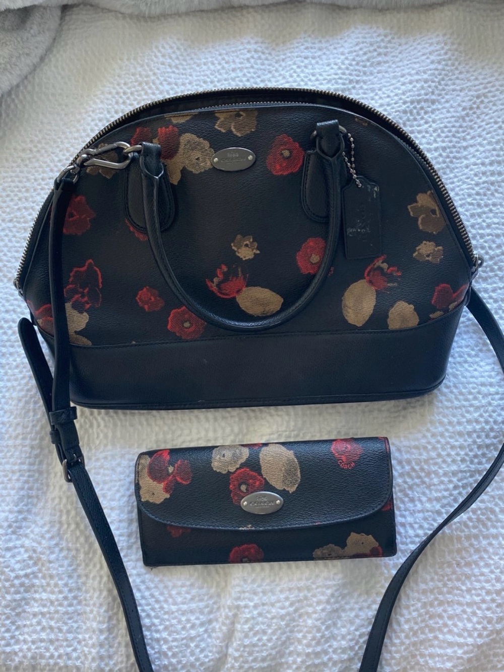 Coach Black Leather Floral Dome Satchel with Matching Wallet